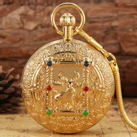 Pocket Watches Royal Gold Beautiful Elk Carved Automatic Mechanical Watch Double Shell Design High End Dial Golden Pendant Necklace Lady