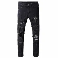 men's Jeans Black White Patch Holes Ripped Plus Size Slim Fit Skinny Distressed Stretch Denim Pants Fashion Male Jeans1 u2Dj#