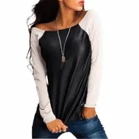 women's T-Shirt Fashion Women Autumn Color Block Stitching O Neck Long Sleeve Faux Leather Top Clothing q0Ed#
