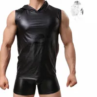bras Sets PU Leather T Shirts Vest Hooded Male Fitness Tops Tees Sexy Men Casual Clothes Boxer Short Tight Top Suit R1Bs#