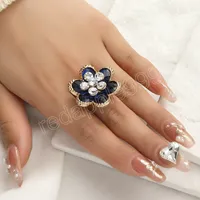 Korean Luxury Blue Crystal Flower Ring for Women Girl Gold Adjustable Midi Finger Rings Mujer Banquet Party Gift