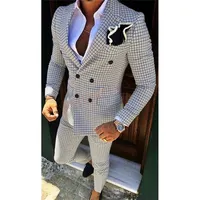Fashion Lattice Men's Suit Slim Fit Prom Wedding Suits for Groom Tuxedo Jacket Pants Set Custom White Casual Men Blazer Y2010282M