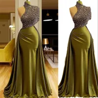 2022 Sexy Prom Dresses Olive Sequins Lace Appliques Crystal Beads High Neck Cap Sleeves Satin Floor Length Mermaid Evening Party Gowns Special Occasion Wears