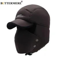 BUTTERMERE Men'S Winter Hats Russian Bomber Coffee Cotton Earflap Caps Male Mask Detachable Baseball Cap Fur Warm Ushanka Hat258w