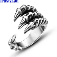 TrustyLan New US Size 7-12 Punk Rock Stainless Steel Mens Biker Rings Vintage Gothic Jewelry Silver Color Dragon Claw Ring Men252p