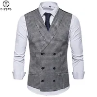 Mens Slim Fit Double Breasted Suit Vest 2019 Fashion Classic Houndstooth Sleeveless Waistcoat for Men Party Wedding Dress Vests242J