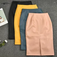 Skirts 2022 Summer Midi Skirt Women Plus Size Solid Split Korean PU Leather High Waist Straight 10091