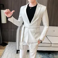 2021 Spring New Suit Men Single Button Mens Slim Fit Suits with Pant Casual Stage Wedding Dress Belt Prom Tuxedo Costume Homme2597
