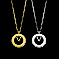 Europe America Style Men Lady Women Titanium steel Lovers Thick Long Necklace Sweater chain With Hollow Out V Initials Round Penda254A