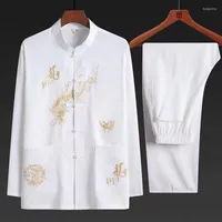 Men&#039;s Tracksuits Men&#039;s Cotton Blends Embroidery Tang Suit Long-Sleeved Shirts Trousers Men Set Casual 2PCS Tracksuit Male 5 Color M-3XL