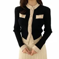 work Dresses Elegant Gentle Color Contrast Cardigan Sweater Two Piece Suit Women Loose Comfort Pleated Skirt Knitting Set G0PP#