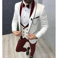 Slim Fit Casual Men Suits 3 Piece Groom Tuxedo for Wedding Prom Burgundy and White Male Fashion Costume Jacket Waistcoat Pants2827