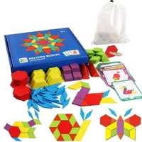 Łamigłówki 155 szt. Drewniane bloki wzorów Ustaw geometryczny kształt puzzle klasyczne edukacyjne zabawki Montessori Tangram dla dzieci 221006