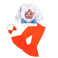 Clothing Sets 3 Pieces Kids Suit Set Pumpkin Print O-Neck Long Sleeve Tops Solid Color Flared Trousers Hairband For Toddler 1-5 Years