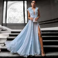 Party Dresses 2022 Fashion Sky Blue Tulle Long Prom Ruffles 3D Flower Sexy High Split Gowns A-line Backless Dress