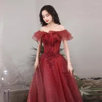 Party Dresses Wine Red Sequined Prom Dress Long Luxury Beads Ruffle Off The Shoulder Women Performance Singing Gown