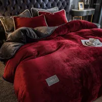 Bedding Sets Home Textiles Dark Red Gray Winter Flannel Quilt Cover Pillow Case 4pcs Soft Warm Duvet Sheet