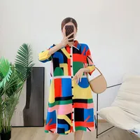 Casual kl￤nningar veckade f￶r kvinnor 2022 Autumn Summer Color Block Lapel Single Breasted Dress Female Clothing