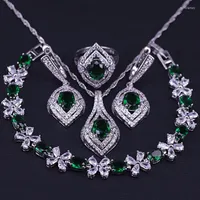 Necklace Earrings Set Green Stone White Cubic Zircon 925 Silver Bracelet Ring For Women Wedding Party Anniversary Engagement