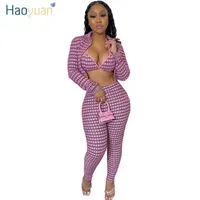 HAOYUAN Sexy Plaid 3 Piece Set Woman Festival Clothing Long Sleeve Coat Bra Pants Club Birthday Outfits for Women Matching Sets204R
