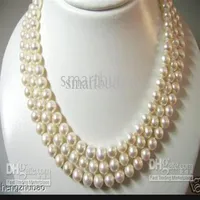 Fine Pearl Jewelry 100% natural 3-STRAND 8-9MM japanese akoya White Pearls Necklace 17 18 19 flower shell clasp294v