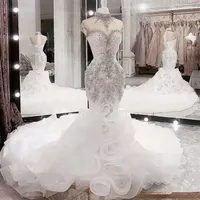 Taille plus arabe cristaux perlées robes de mariée sirène aso ebi luxueux 2023 couvre-cou en cascade bridale jupes chapelle train pêne nuptiale wear GB1006