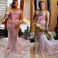 2022 Arabic Aso Ebi Pink Mermaid Prom Dresses Beaded Crystals Luxurious Evening Formal Party Second Reception Birthday Engagement Gowns Dress ZJ670