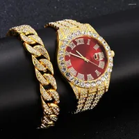 Wristwatches 2 Pcs Watch Bracelet Hip Hop Stainless Steel Gold Color Calendar For Men Iced Out Paved Rhinestones Reloj Hombre