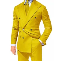 Yellow Double Breasted Slim fit Suits for Men Peaked Lapel Custom 2 piece Wedding Groom Tuxedos Man Fashion Clothes Set Jacket 2013063
