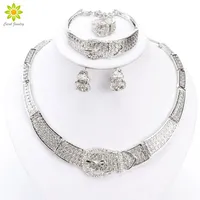 Women Silver Gold Plated Dubai African White CZ Diamond Austrian Crystal Necklace Bracelet Earring Ring Wedding Jewelry Set291T