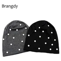 Womens Pearls Beanies Hats Autumn Winter Soft Solid Cotton Ployester Slouch Skullies Hats For Ladies Girls Bonnet Drop222E