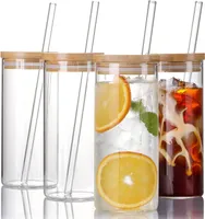 Tasses en verre borosilicates de 20 oz tasses de gobelet avec couvercles en bambou et pailles hautes verres à boire transparent pour le smoothie à café glacé jus de voyage réutilisable