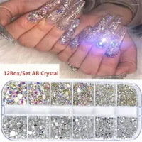 Tırnak Sanat Dekorasyonları 12 Izgara Rhinestones 3D Glitter Crystal Gems Mücevher Seti Kutulu AB Çok Renkli Takılar Elmas
