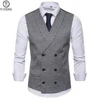 Mens Slim Fit Double Breasted Suit Vest 2019 Fashion Classic Houndstooth Sleeveless Waistcoat for Men Party Wedding Dress Vests231o