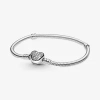 100% 925 Sterling Silver Pave Heart Clasp Snake Chain Bracelet Fit Authentic European Dangle Charm For Women Fashion DIY Jewelry A311g