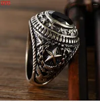 Cluster Rings S925 Sterling Silver Ethnic Style Fashion Trend Five-pointed Star Peace And Freedom Black Agate Male Ring
