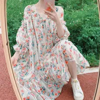 Casual jurken Mori Girl Summer Sweet Boho Floral Chiffon Dress Loose Taille Lantern Sleeve Ruffe Doll Women Bohemian Robe Vestido