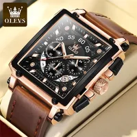 Wristwatches Olevs Watch Original For Men Top Brand Luxury Hollow Square Sport Watches Fashion Leather Leather Strap Waterproof Quartz Wristwatch 221007