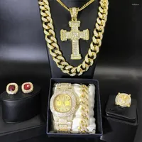 Necklace Earrings Set Luxury Men Gold Watch & Braclete &Ring &Earrings Combo Out Cuban Crystal Miami Chain Hip Hop For