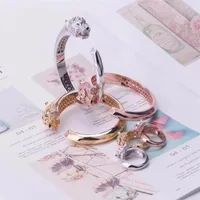 Luxury Fashion Brand Jewelry Sets Lady Brass Full Diamond Green Eyes Leopard Heads 18K Gold Engagement Open Bracelets Ring 1Sets 3269p