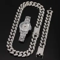 3pcs set Men Hip hop iced out bling Chain Necklace Bracelets watch 20mm width cuban Chains Necklaces Hiphop charm jewelry gifts1273Y