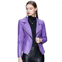 Women's Leather Purple Short Cool Small Suit Jacket Female 2022 Autumn Slim Zipper Fashion Wild Motorcycle Black Women Tops B34