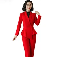 Elegant Red Dark Blue Black Women Pant Suit for Office Lady Two Pieces Set Size S-4XL Scarf Collar Blazer Coat With Pant Set275P