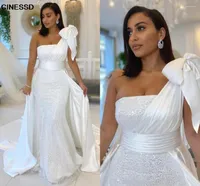 Party Dresses Arabic Dubai Mermaid White Evening Dress One Shoulder Formal Prom Gowns With Bow Satin And Sequined Overskirt Vestidos De