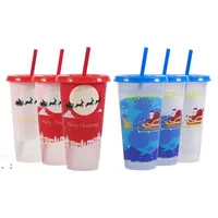 Creative Christmas Drinkware Cold Color-changing Plastic Cups Christmas Decoration Juice Cup With Lid and Straw RRB16025
