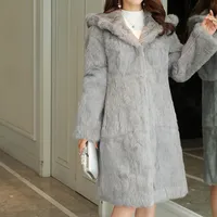 Женский меховой фальшивый фальшивый тонфур Классический натуральный настоящий кролик Длинное пальто для женщин с капюшоном и теплой зимой M 7xl Drop Oversocat Sr430 221006