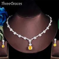 Küpe Kolye Üç graves zarif sarı cz kristal gümüş renk büyük kare damla düğün mücevher setleri kadınlar için TZ581 221007