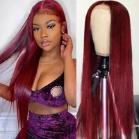 Burgundy Straight Lace Frontal Wigs 99j Transparent Human Hair Pre Plucked 180% Peruvian Remy For Women