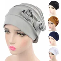 Women Flower Muslim Hair Cap Elastic Fashion Chemo Cotton Head Wrap Solid Color Hat Headwear Turban Caps1337M