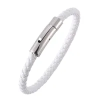 6MM Thick Mens Womens Braided PU Leather Intital Rope Wire Bracelet Magnetic Clasp White Rope Silver Buckle270C